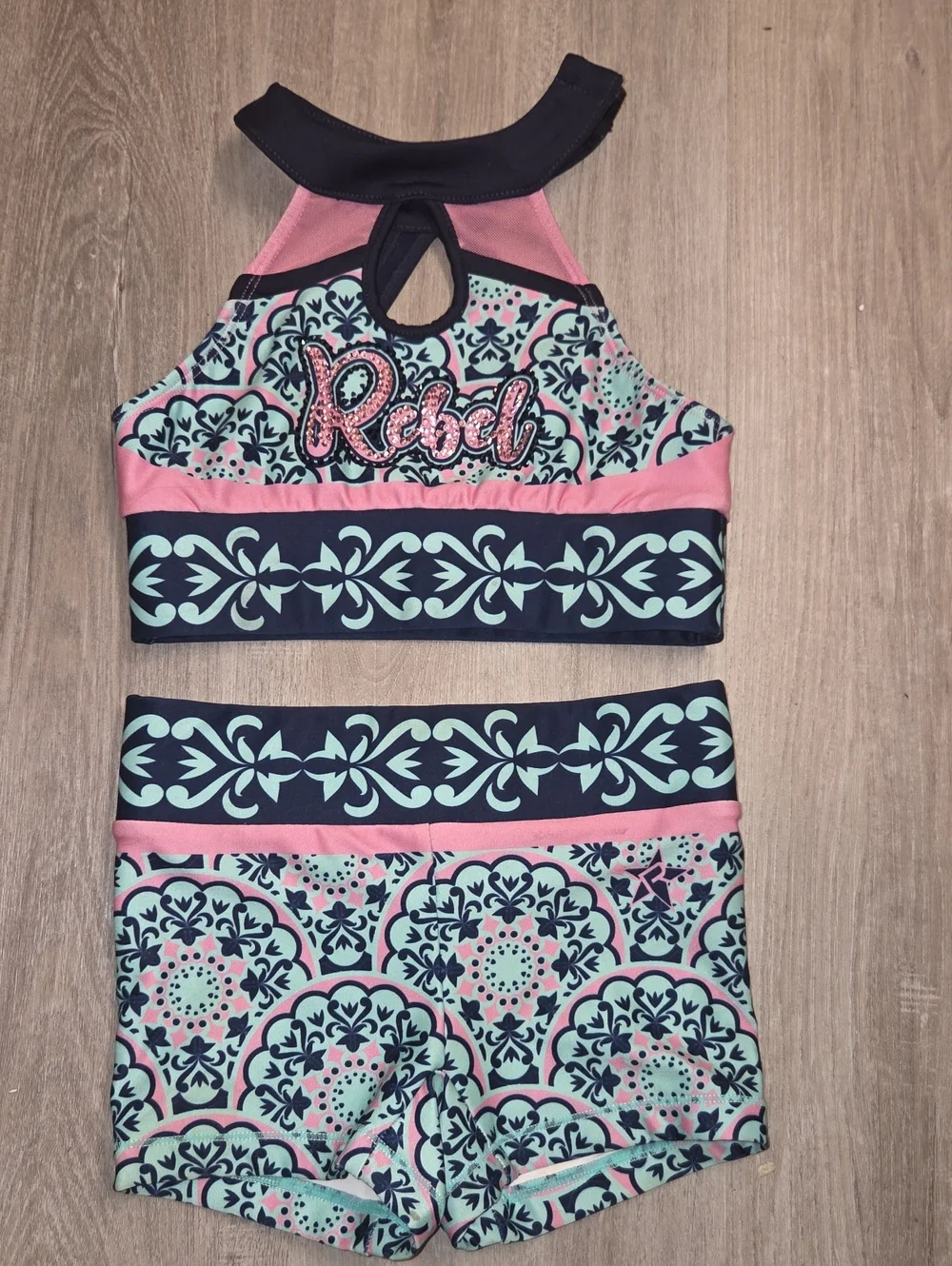Rebel Patterned Girls' Two-Piece Cheer Practice  Set - Pink & Aqua